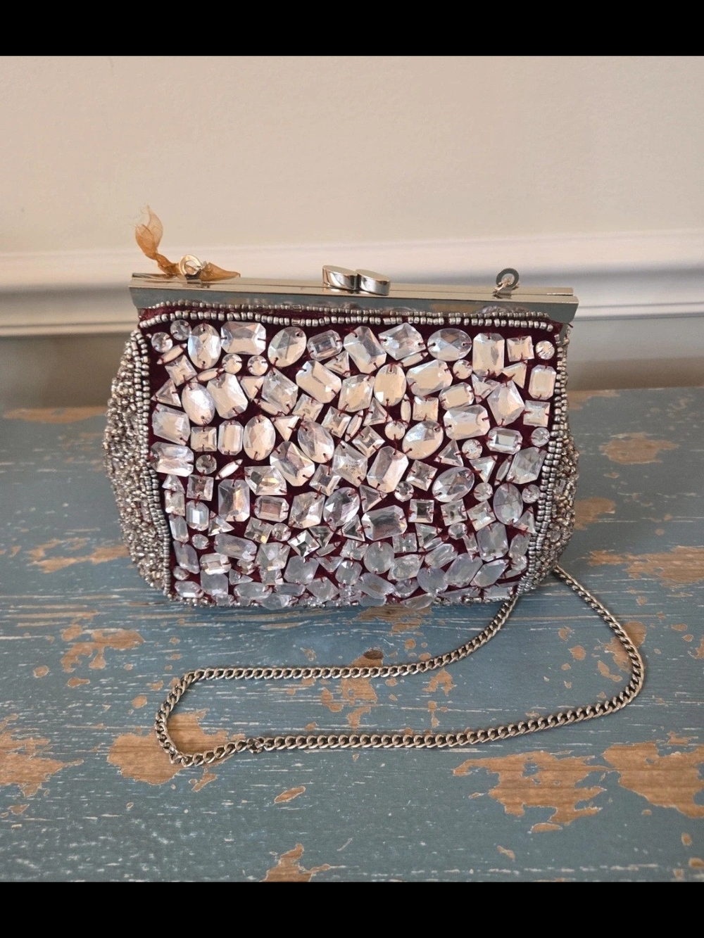 NWT Embellished Crystal Evening Clutch in Burgundy